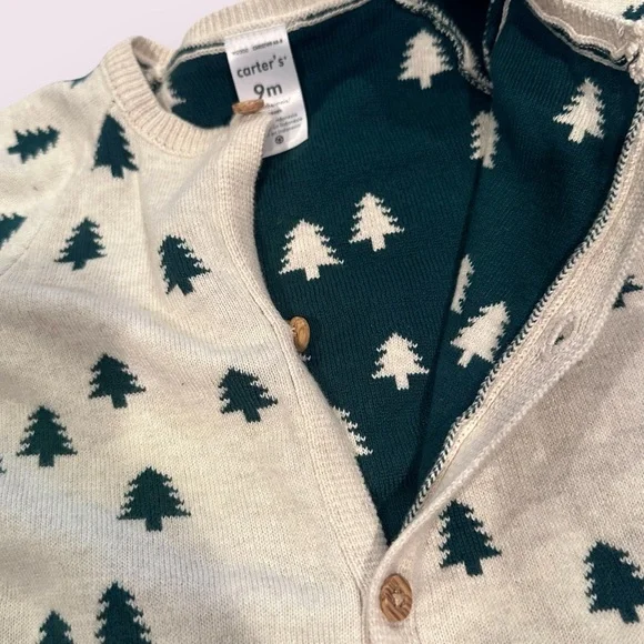 Carter's Baby Cream Knit Sweater Romper with Christmas Tree Print Size 9 Months - Picture 8 of 8